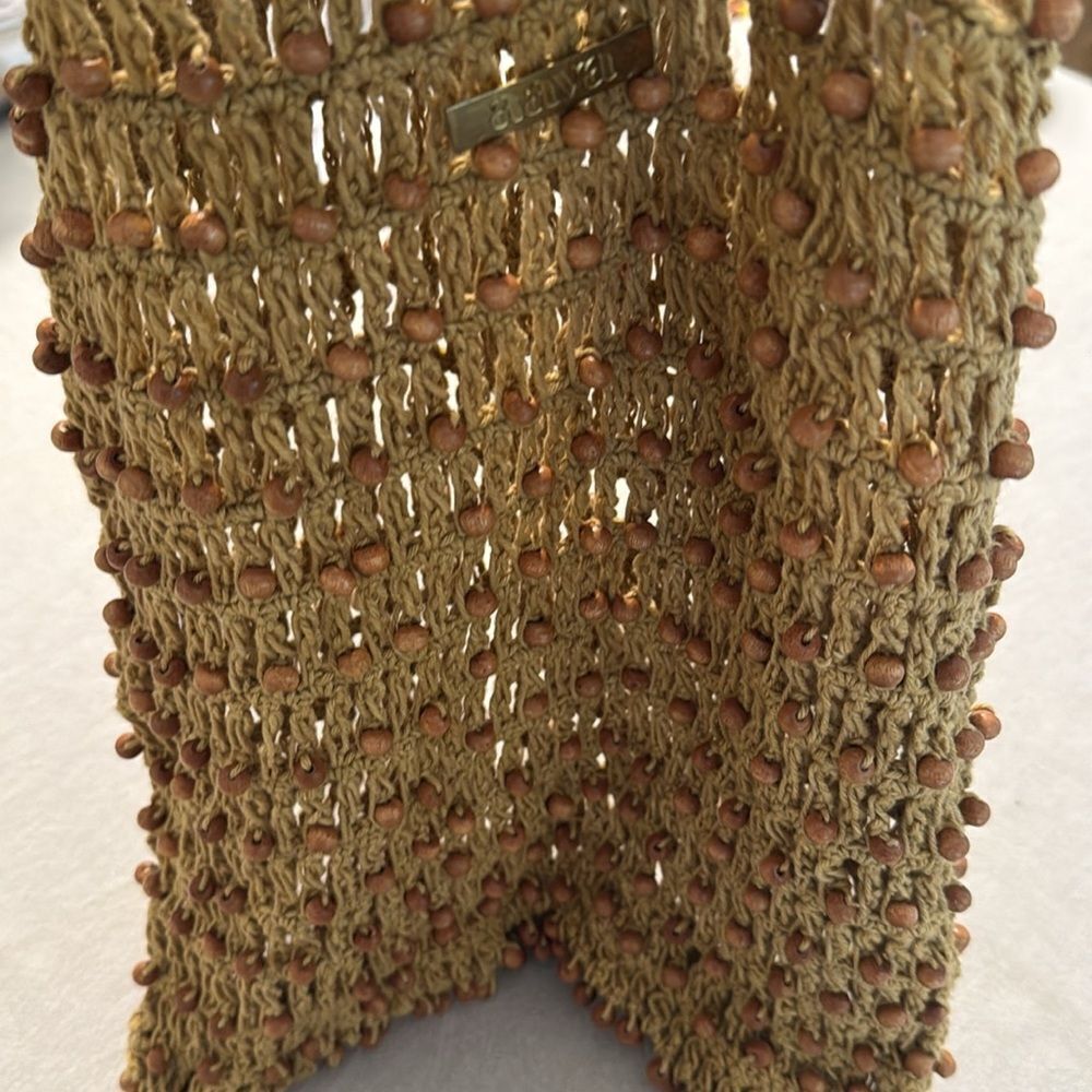 Aava Khaki Brown Beaded Open Knit Crochet Double Handle Market Beach Boho Tote - Picture 8 of 12